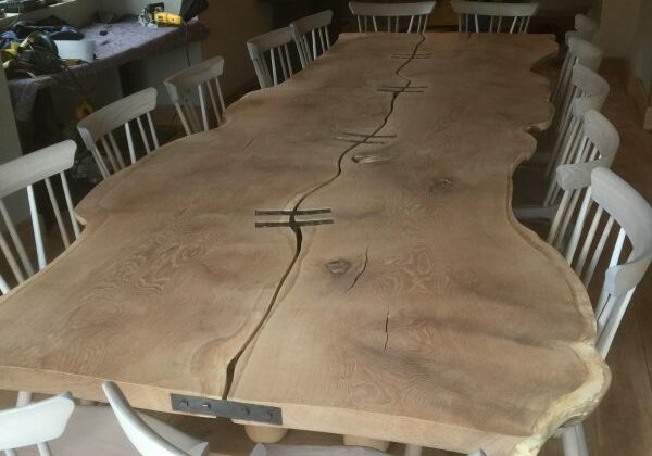 Waney Edge Oak, Steel Strap Braced Table.
